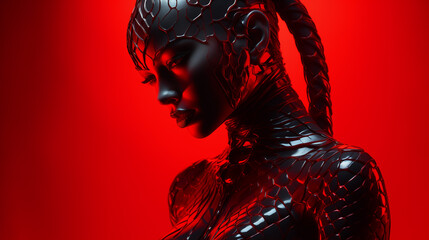 Girl cyborg cobra in a black leather suit made of scales on a red background. Fashion horror design.