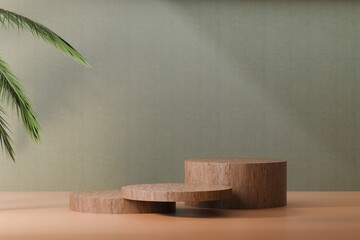 3d Minimal abstract wood podiums block for product presentation with empty stage, 3d mockup products display for nature, organic, spa, health, cosmetic, beauty, Sunshade shadow on beige.3d rendering.