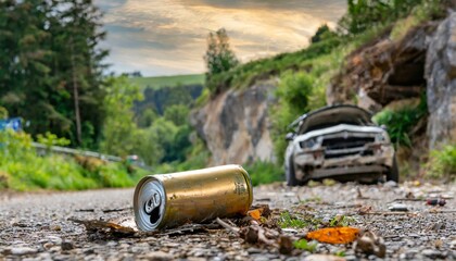 Uma lata de cerveja no asfalto e ao fundo um carro destruído