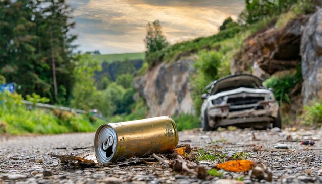 Uma lata de cerveja no asfalto e ao fundo um carro destru&iacute;do