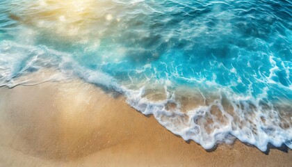 Fototapeta na wymiar abstract sand beach from above with light blue water wave and sun lights summer vacation background concept banner with copy space natural beauty spa outdoors