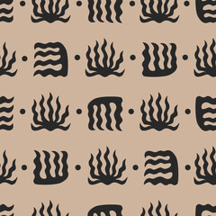 Bohemian seamless pattern with abstract organic shapes. Vector flat minimalist contemporary background with wavy corals or seaweed in boho style. Silhouette of ethnic nature