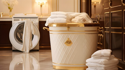Fototapeta na wymiar towel on the white laundry basket with washing machine