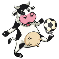 Naklejka premium vector isolated clip art illustration of cute cow mascot mascot playing football or soccer, work of handmade
