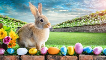 cute rabbit sitting on brick wall and green field spring meadow easter bunny hunt for easter egg