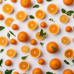 AI generated illustration of sliced oranges and leaves arranged on a white background