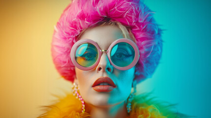 Obraz premium Portrait of good looking senior woman wears spectacles bright makeup looks at camera with pleased expressionisolated over colorful background. People age concept. Image of a beautiful and elegant old 