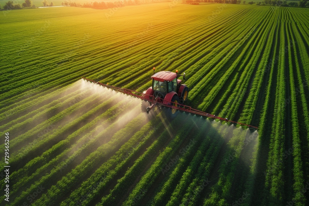 Poster a tractor irrigates the soil with fertilizer. background with selective focus and copy space