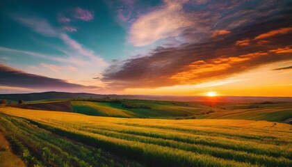 Naklejka na ściany i meble sunset over the field captivating 4k time lapse majestic sunrise sunset landscape with stunning nature s light and rolling colorful clouds generative ai