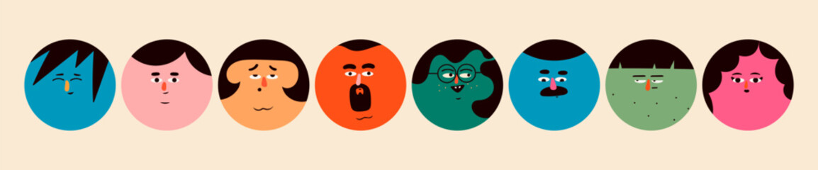 Round human portraits. Various faces, hairstyle, emotions. Cute funny characters. Cartoon, minimal, abstract contemporary style. Avatar, icon templates. Hand drawn Vector isolated illustrations - obrazy, fototapety, plakaty