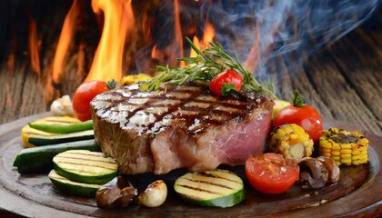 grilled beef steak with vegetable on the flaming grill