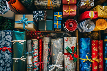 Top view of a varied selection of whimsical wrapping papers and decorative ribbons and boxes illustrating the process of choosing the perfect combinat
