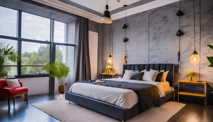 master bedroom for a lonely stylish man a bachelor modern room with trendy gray interiors large king size and lamps