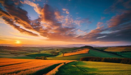Naklejka na ściany i meble sunset over the field captivating 4k time lapse majestic sunrise sunset landscape with stunning nature s light and rolling colorful clouds generative ai