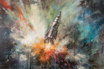 Encaustic Picture of Rocket Blasting Into Space
