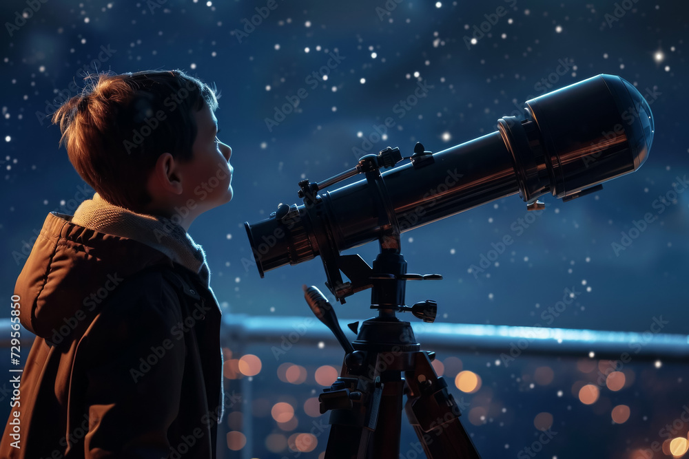 Poster boy in the dark of the night with a telescope. noise as an artistic technique. background with selec