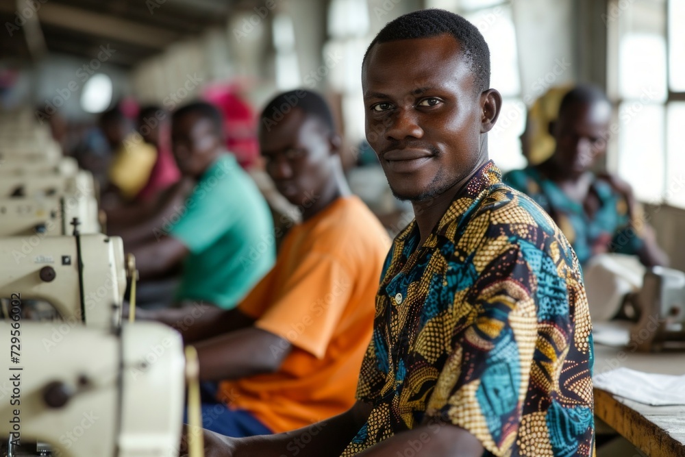 Poster workers at a textile factory. background with selective focus and copy space