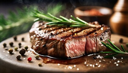 grilled medium rib eye steak with rosemary and pepper macro ai generative - obrazy, fototapety, plakaty