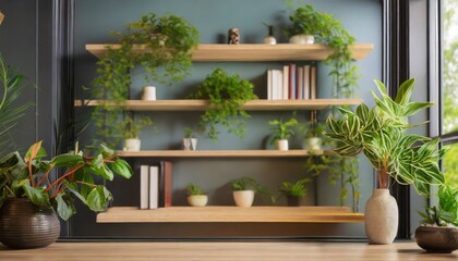 a contemporary style bookshelf adorned with plants that serves as a modern decorative element for virtual office backdrops studio backgrounds - obrazy, fototapety, plakaty