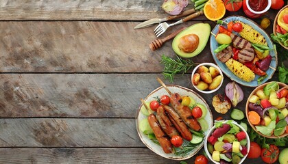 summer bbq or picnic food corner border over a rustic wood banner background assorted grilled meats...