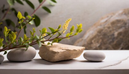 neutral background with stones branch and natural colors ideal for beauty product branding and packaging front perspective copy space mockup image