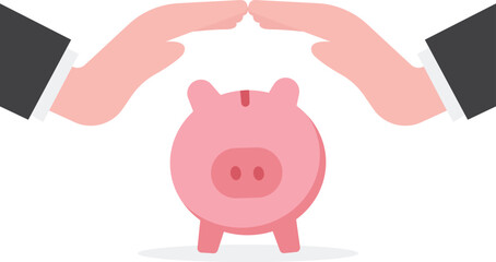 Financial risk assurance, protect money from inflation or economic crisis, insurance, tax or wealth management concept, strong businessman hand shielding protect piggy bank saving money box.

