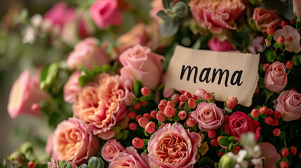 A bouquet of pink flowers with a sign stating mama.