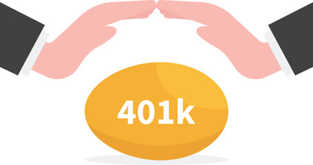 Protect your 401k in economic crisis, retirement planning and investment, benefit from pension fund concept, businessman hand tenderly holding and covering golden egg with label as 401K.

 - obrazy, fototapety, plakaty
