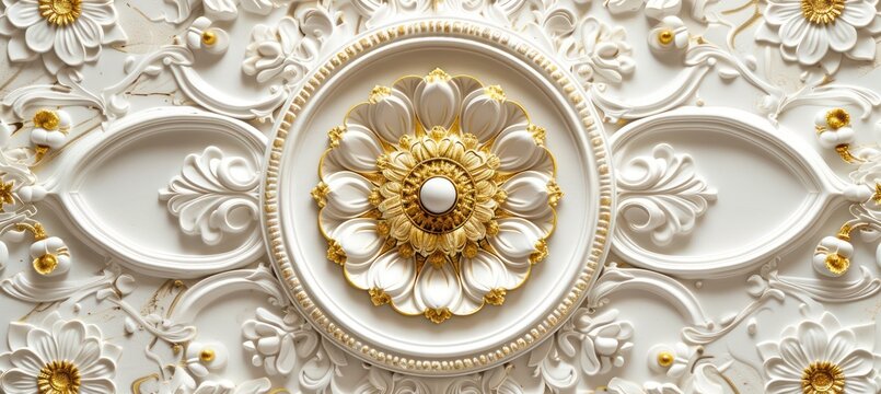 Fototapeta 3d wallpaper for ceiling with white and golden mandala decoration model and decorative frame background