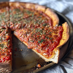 deep dish pizza on a wooden board