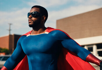 African american male superhero. Portrait of black man in fantastic costume. - obrazy, fototapety, plakaty