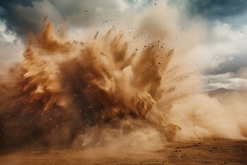 Massive blast shakes the earth, stirring up sand. Dangerous detonation unleashes chaos, backdrop obscured by smoke. - obrazy, fototapety, plakaty