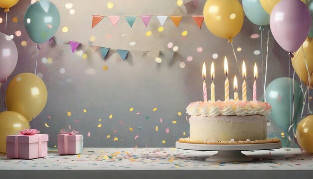 light pastel colored birthday background with a cake and candles on the right side of the image decorate the left side of the image with balloon confetti decorations