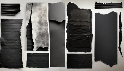 set collection of black ripped textured paper strips scraps and tape over a background ideal for...