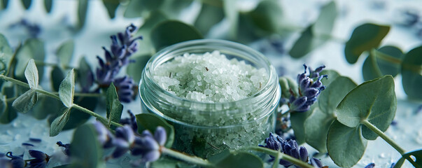 A detailed close-up of a glass jar filled with cosmetic sea salt, surrounded by dried lavender and...