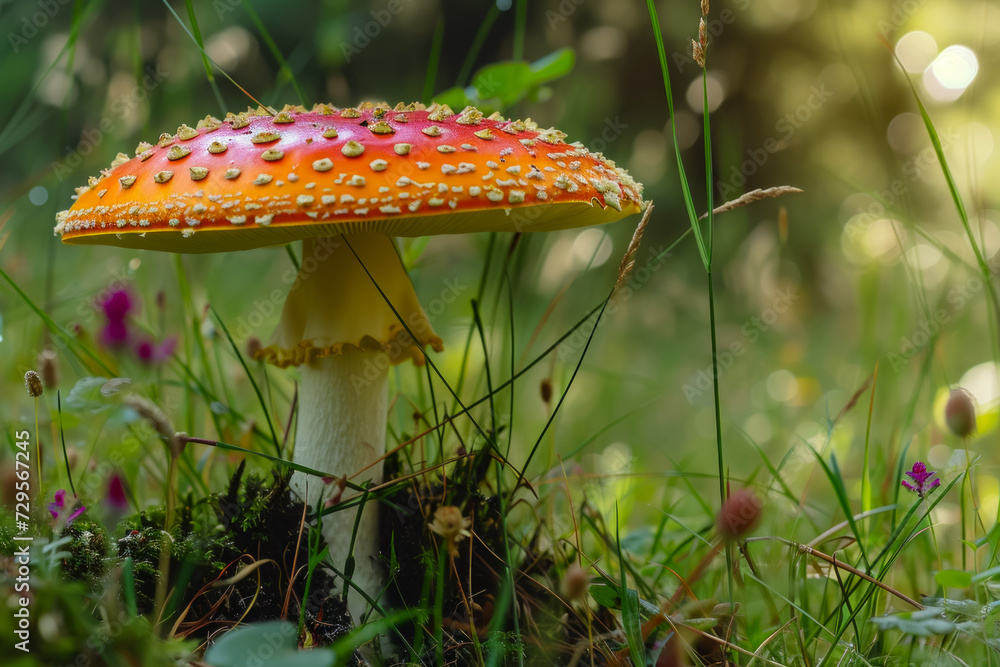 Aufkleber fly agaric in the forest. backdrop with selective focus and copy space