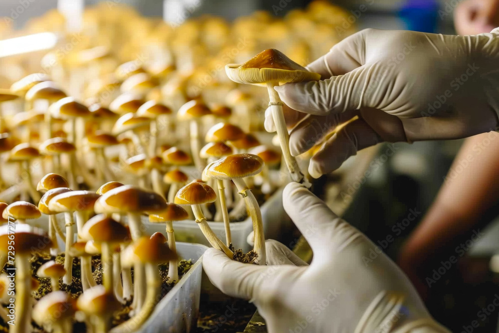 Poster laboratory for mushroom production and scientific experiments. backdrop with selective focus and cop