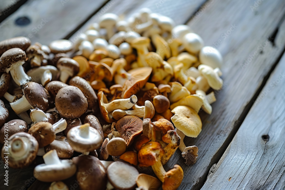 Poster mushrooms with a heart-shaped layout. backdrop with selective focus and copy space