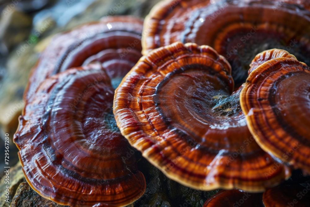 Poster flat mushrooms. backdrop with selective focus and copy space