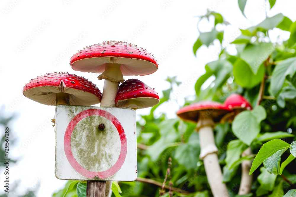 Poster the concept of a ban on mushroom picking. backdrop with selective focus and copy space