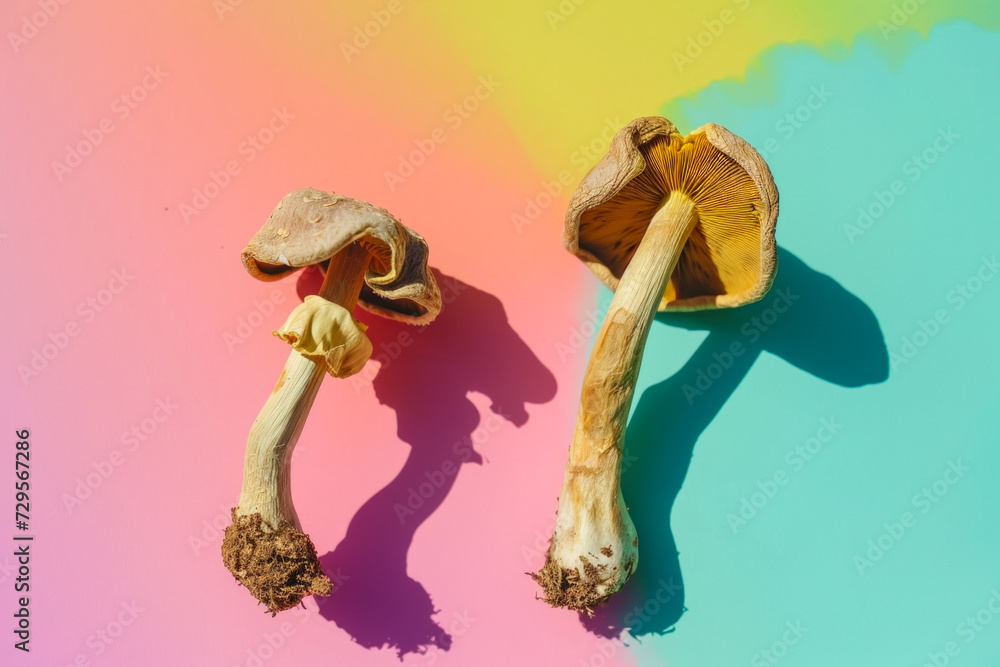 Poster rainbow mushrooms. backdrop with selective focus and copy space