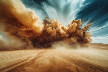 Large burst ruptures the silence, sending sand swirling. Storm of dust and energy rages, backdrop obscured. - obrazy, fototapety, plakaty