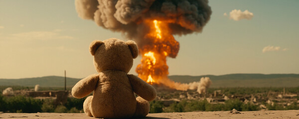 Teddy bear sitting on the ground in front of a big explosion during the war - obrazy, fototapety, plakaty