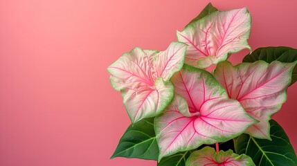Superb bicolor caladium on a pink backdrop that alternates between green and pink and space, Generative AI.