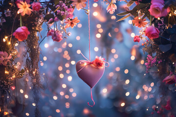 A composition featuring a heart-shaped Valentine's day envelope suspended in mid-air with ribbon, surrounded by fairy lights and floral arrangements,