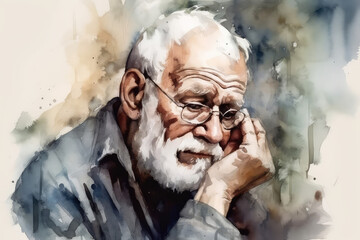 Watercolour Picture of an Old Man Struggling With Depression - obrazy, fototapety, plakaty