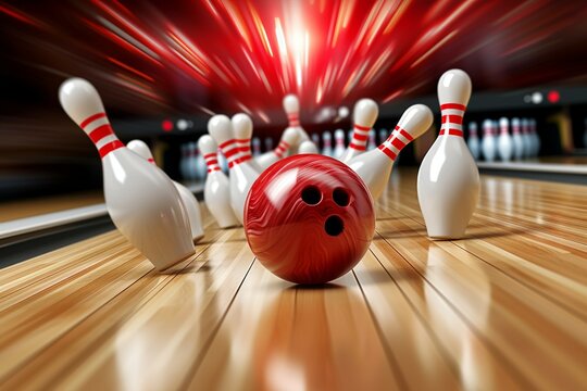 Spinning bowling ball in motion. Backdrop with selective focus and copy space