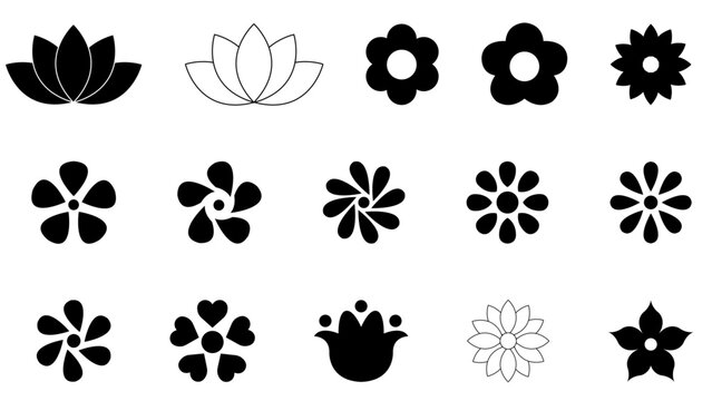 set of flowers icons rose leaf black and white flowers symbol logo