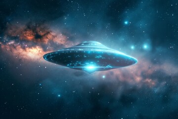 Obraz premium Flying saucer in space. Backdrop with selective focus and copy space