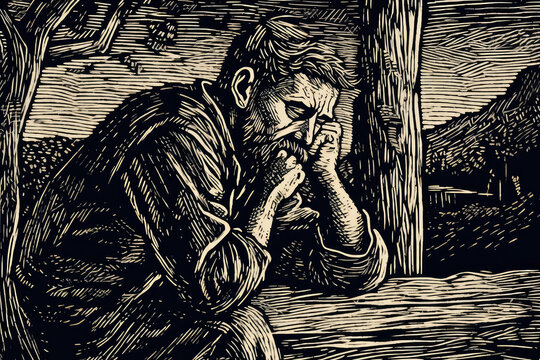 Woodcut Image of Depressed Man